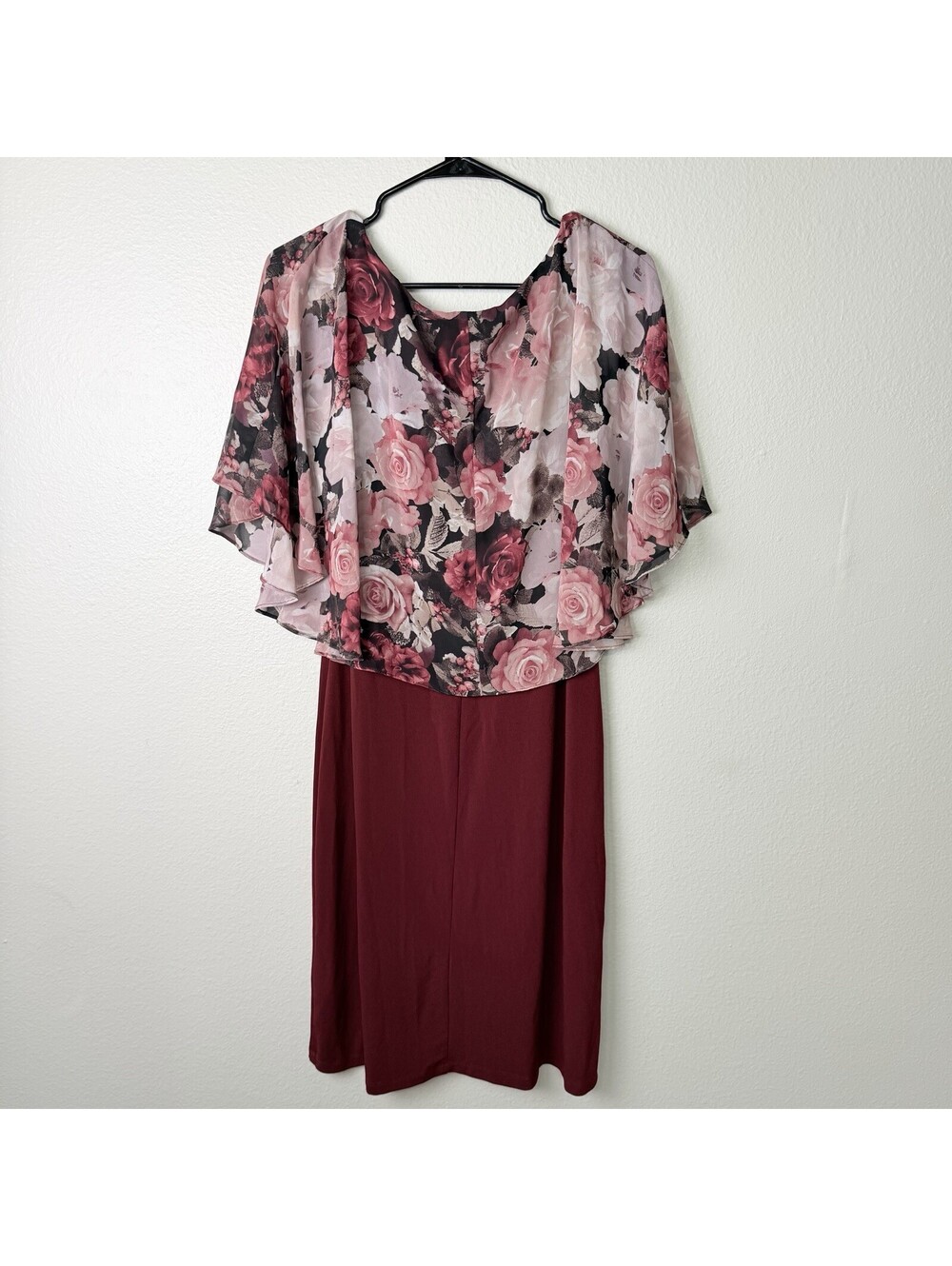 Connected Apparel Women’s Size 12 Burgundy Floral Overlay Sheath Midi Dress Cape